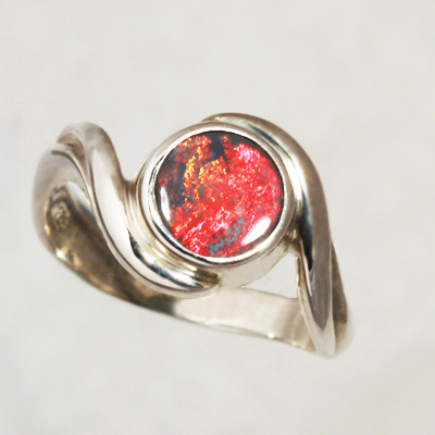 Stirling Silver ring with a SOLID BLACK OPAL Bright metallic fire red and copper red 